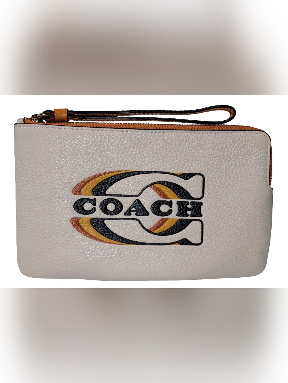 COACH White Pebbled Leather Wristlet with Black, Rust & Mustard Logo